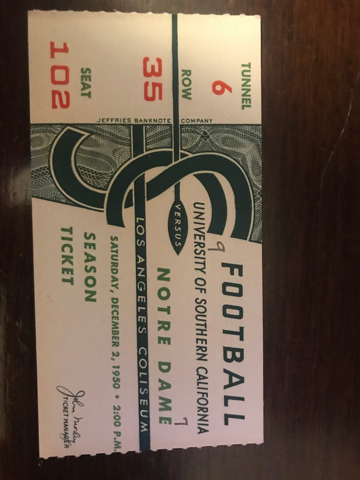1950 Notre Dame vs USC Football Ticket Stub