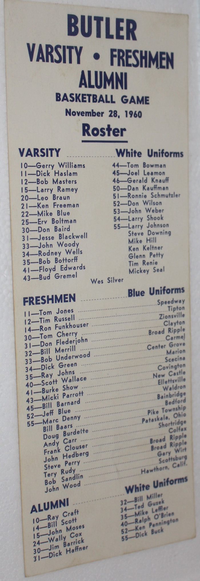 1960 Butler University Varsity, Freshman, Alumni Basketball Game Roster