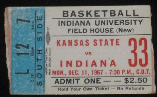 1967 KANSAS ST VS INDIANA BASKETBALL TICKET STUB - Vintage Indy Sports