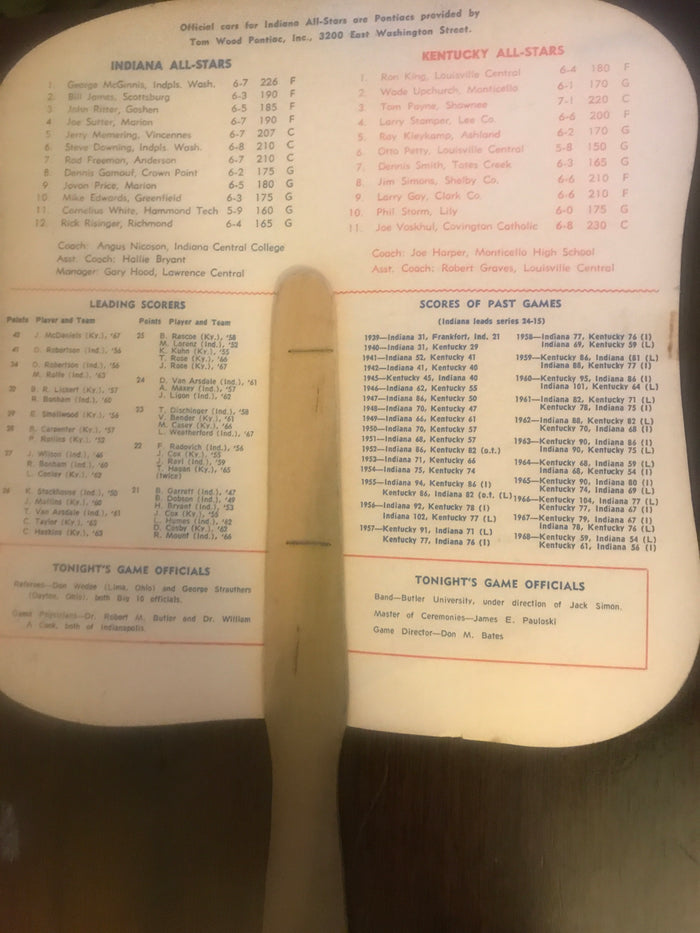 1969 Indiana vs Kentucky High School All Star Game Souvenir Fan - Vintage Indy Sports