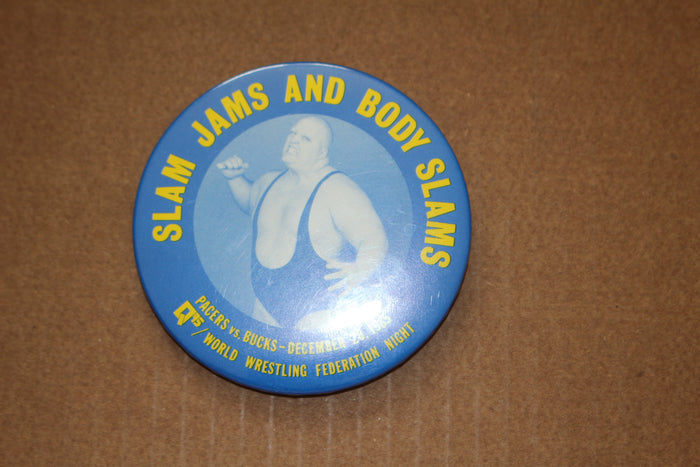 1985 Indiana Pacers WWF Wrestling Night Pinback Photo Button - Vintage Indy Sports