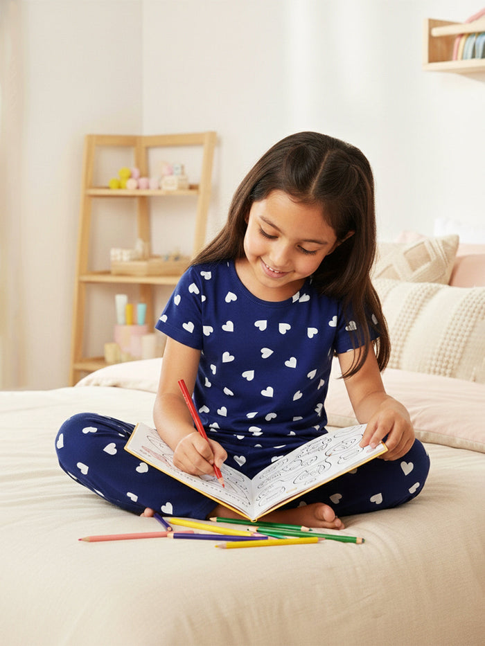 GIRLS TOP & PYJAMA SET - CLASSIC NAVY HEARTS