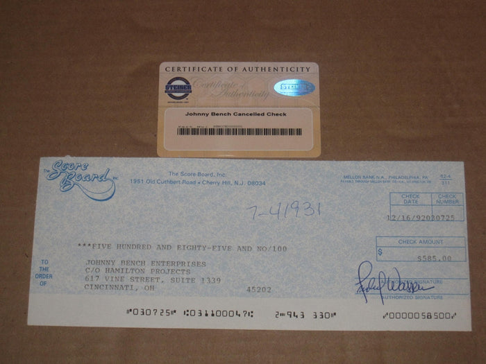 Johnny Bench 1992 Cancelled Check, Steiner COA - Vintage Indy Sports