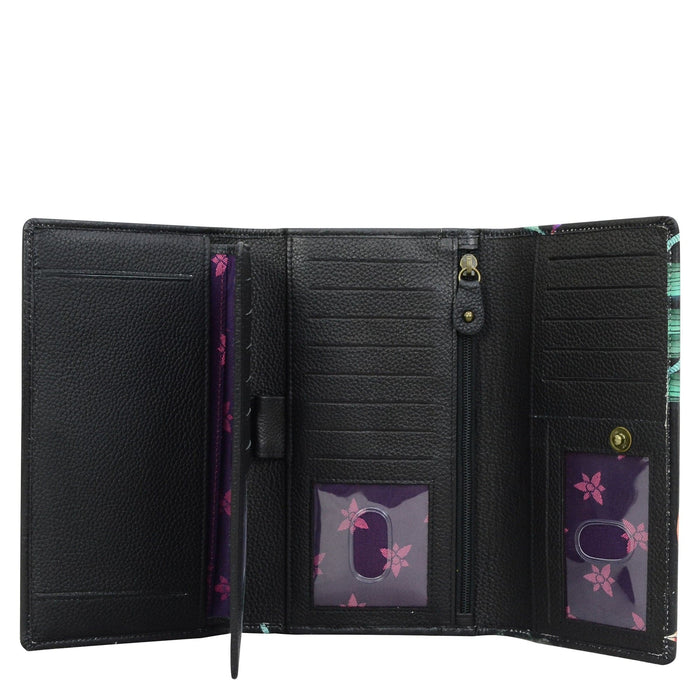 Leather Hand Painted Checkbook Clutch with RFID - Island Escape Black (1153)