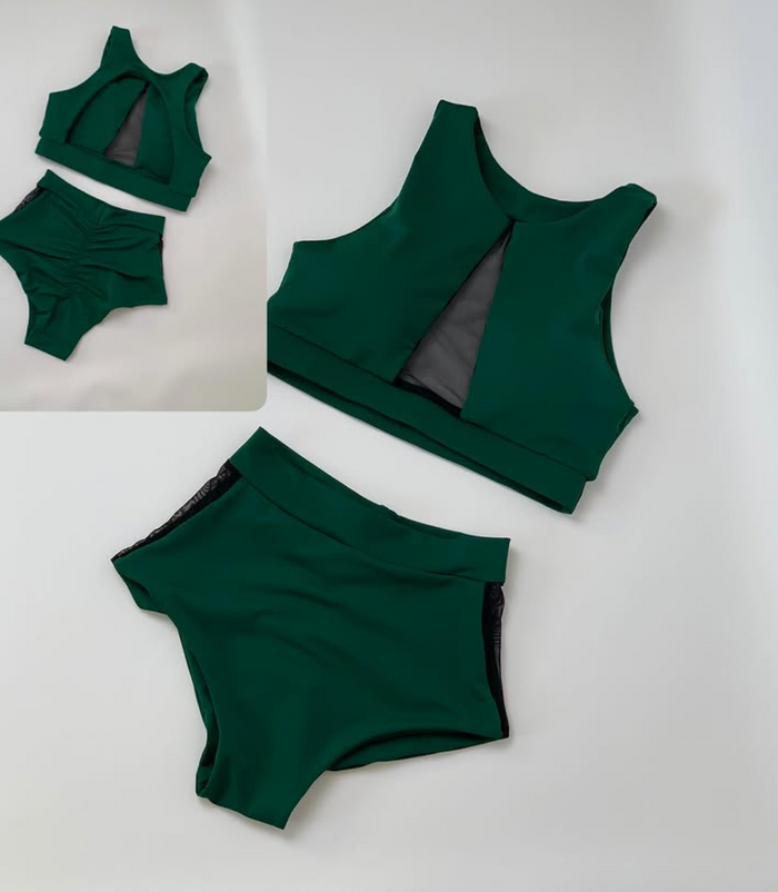 Pole Dance Outfit Set – Costume of Halter Top with Mesh Insert and Shorts