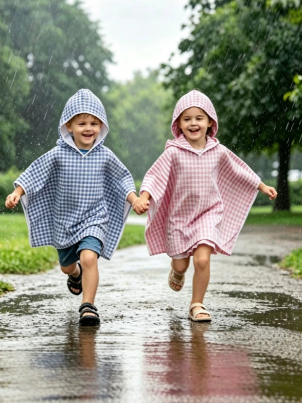 Wholesale 1-6Y Kids Hooded Gingham Poncho Cape Coat, Soft Woven Plaid Casual Lightweight Children Cloak Outerwear