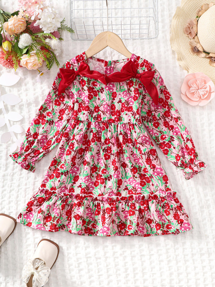 1-8Y Ready Stock Kid Toddler Girls Dress Floral Print Long Sleeve Bow Dress One Piece Casual Dress 1-8Y Red Catpapa  462306309