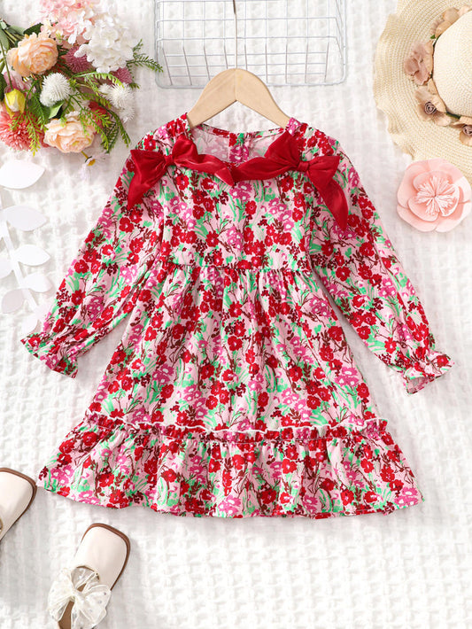 1-8Y Ready Stock Kid Toddler Girls Dress Floral Print Long Sleeve Bow Dress One Piece Casual Dress 1-8Y Red Catpapa  462306309