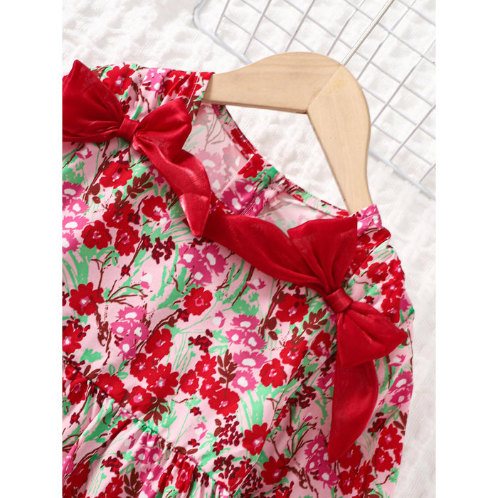 1-8Y Ready Stock Kid Toddler Girls Dress Floral Print Long Sleeve Bow Dress One Piece Casual Dress 1-8Y Red Catpapa  462306309