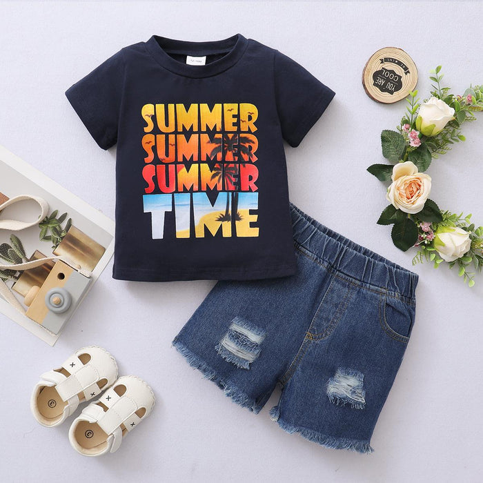 12M-4Y Kids Fashion Boys Clothes Letter Print Tops Ripped Jeans Shorts 2PCS Black Catpapa 12011047