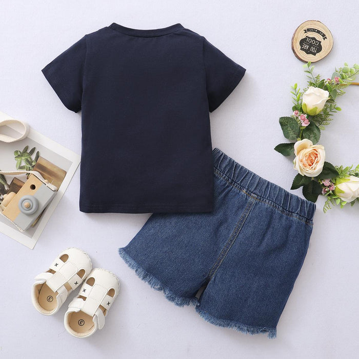 12M-4Y Kids Fashion Boys Clothes Letter Print Tops Ripped Jeans Shorts 2PCS Black Catpapa 12011047
