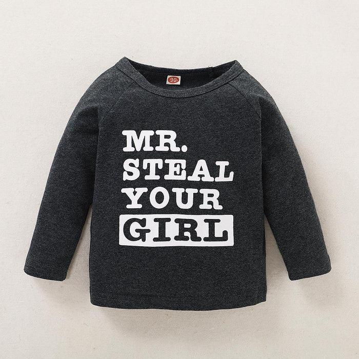18M-5Y Kid fashion Boys Clothes MR STEAL Letter Print Dark Grey Crew Neck Long Sleeve 2PCS Catpapa  WL20061048-3