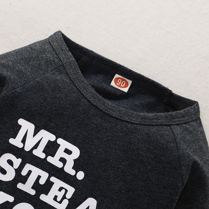 18M-5Y Kid fashion Boys Clothes MR STEAL Letter Print Dark Grey Crew Neck Long Sleeve 2PCS Catpapa  WL20061048-3