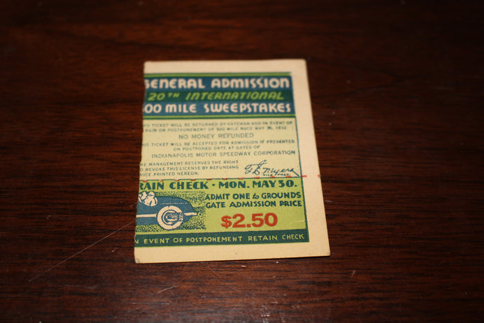 1932 Indianapolis 500 Ticket Stub - Vintage Indy Sports