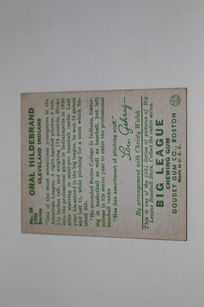 1934 Goudey Oral Hildebrand Baseball Card - Vintage Indy Sports
