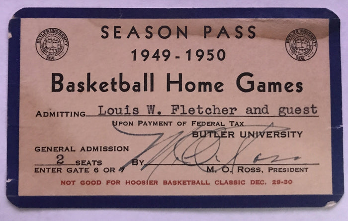 1949-50 Butler University Basketball Season Pass - Vintage Indy Sports