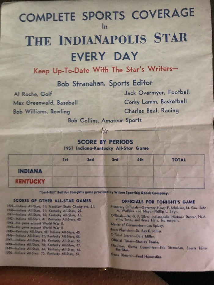 1951 Indiana vs Kentucky High School All Star Basketball Game Program - Vintage Indy Sports