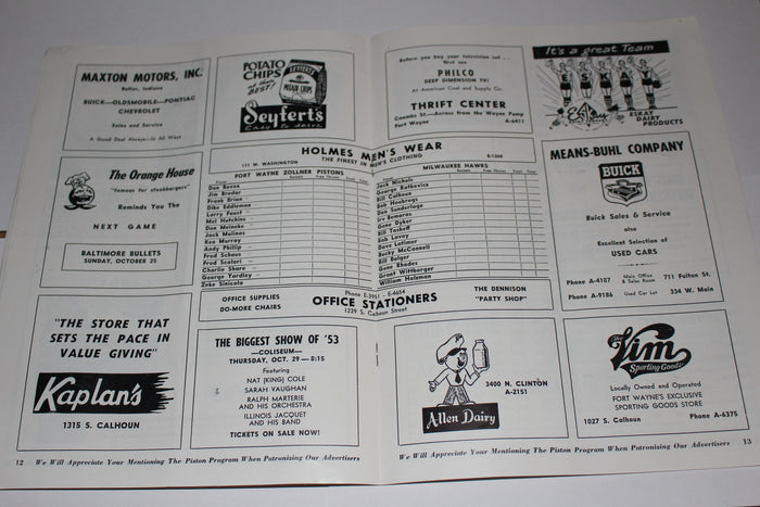 1953 Ft. Wayne Pistons vs Milwaukee, Globetrotters vs Toledo Mercurys NBA Program - Vintage Indy Sports