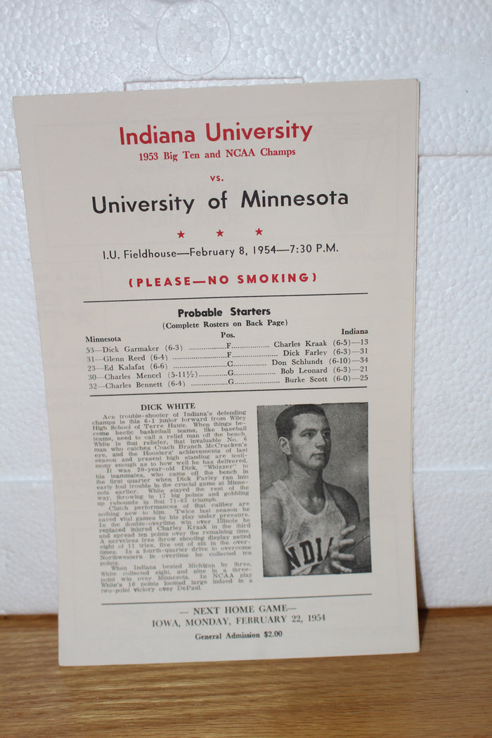 1954 Indiana University vs Minnesota Basketball Program - Vintage Indy Sports