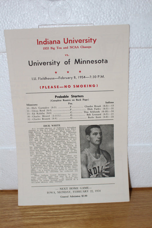 1954 Indiana University vs Minnesota Basketball Program - Vintage Indy Sports