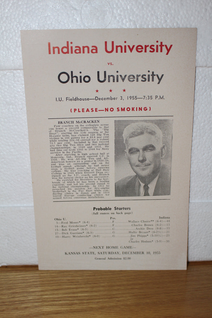 1955 Indiana University vs Ohio University Basketball Program - Vintage Indy Sports