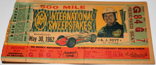 1962 Indy 500 Ticket Stub, A.J. Foyt on Face - Vintage Indy Sports