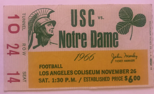 1966 USC vs Notre Dame Football Ticket Stub - Vintage Indy Sports