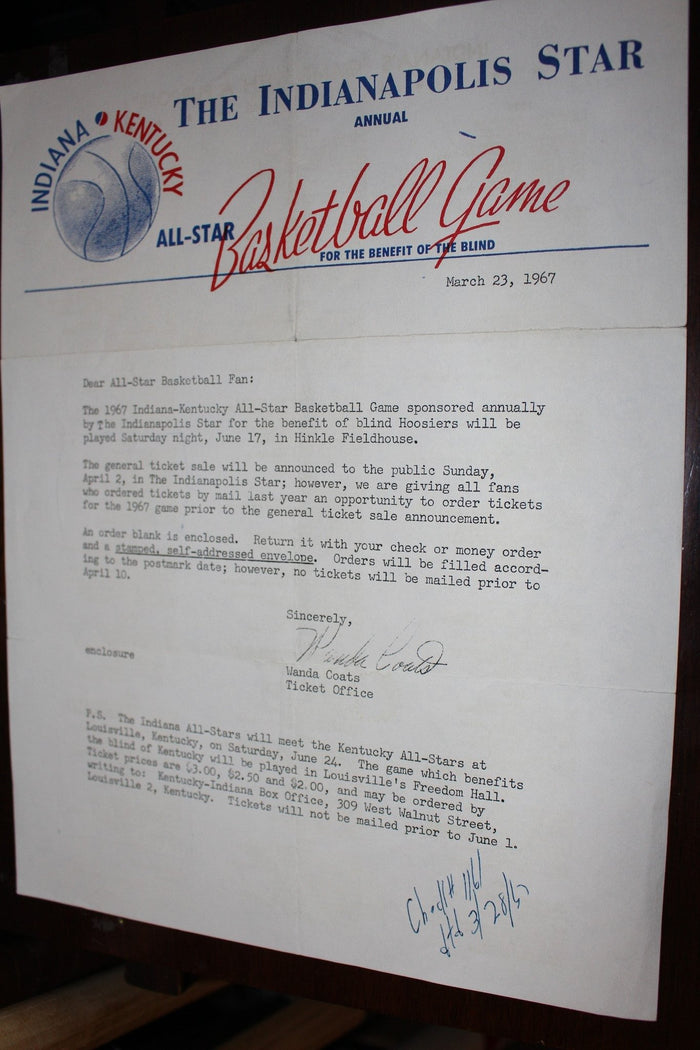 1967 Indiana Kentucky High School All Star Game Ticket Letter - Vintage Indy Sports