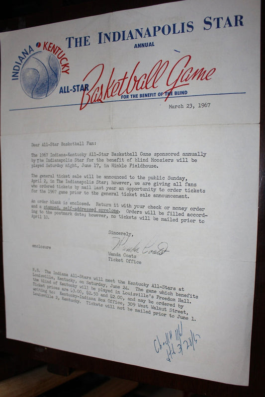 1967 Indiana Kentucky High School All Star Game Ticket Letter - Vintage Indy Sports