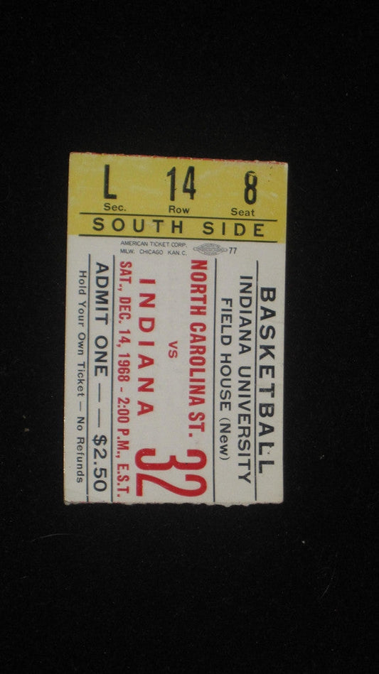 1968 INDIANA VS NORTH CAROLINA ST BASKETBALL TICKET STUB - Vintage Indy Sports