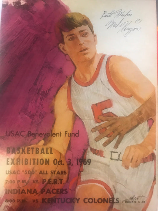1969 ABA Basketball / USAC Racing Basketball Exhibition Program, Autographed - Vintage Indy Sports