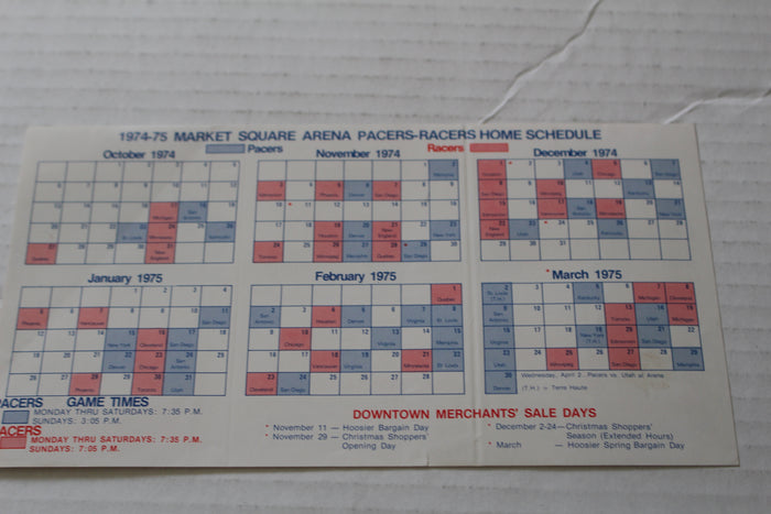 1974-75 Indiana Pacers / Indianapolis Racers Pocket Schedule - Vintage Indy Sports