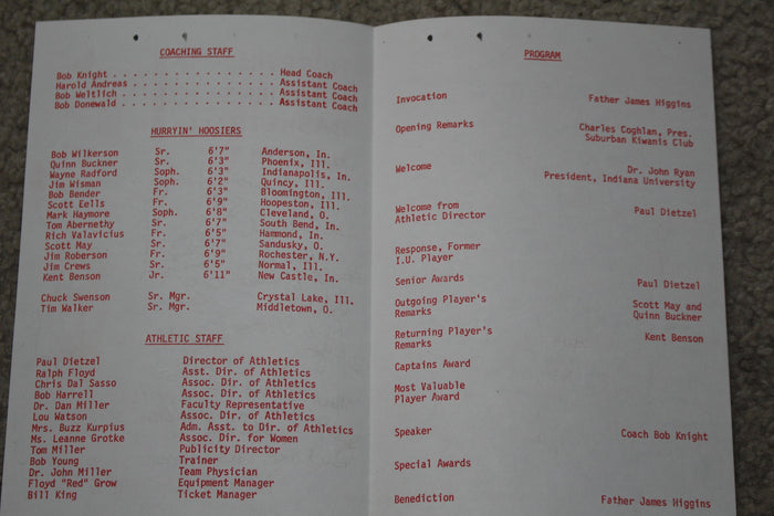 1976 Indiana University Basketball Banquet Program, NCAA Champs - Vintage Indy Sports