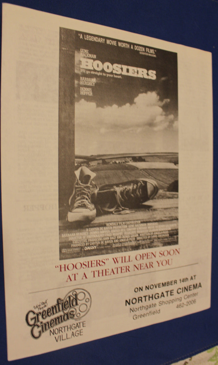 1986 Hoosiers Movie Premier Newspaper Insert & Ticket - Vintage Indy Sports