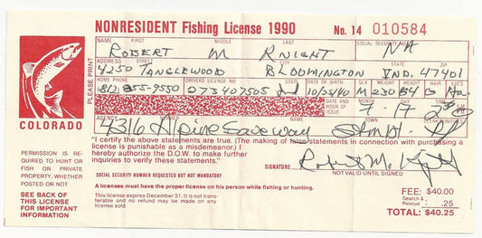 1990 Wyoming Bob Knight Personal Signed Fishing License - Vintage Indy Sports