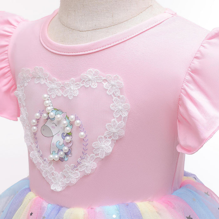 2-10Y Kids fashion Baby Girls Dress Summer Thin Section Knitted Unicorn Rainbow Skirt Mesh Princess Dress Catpapa 8131