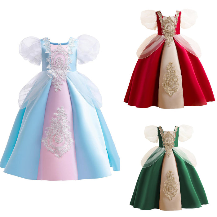3-12Y Toddler Baby Girls Princess Dress Bubble Sleeve Round Neck Embroidery Dress 1PCS Princess Dress Blue Catpapa Z838