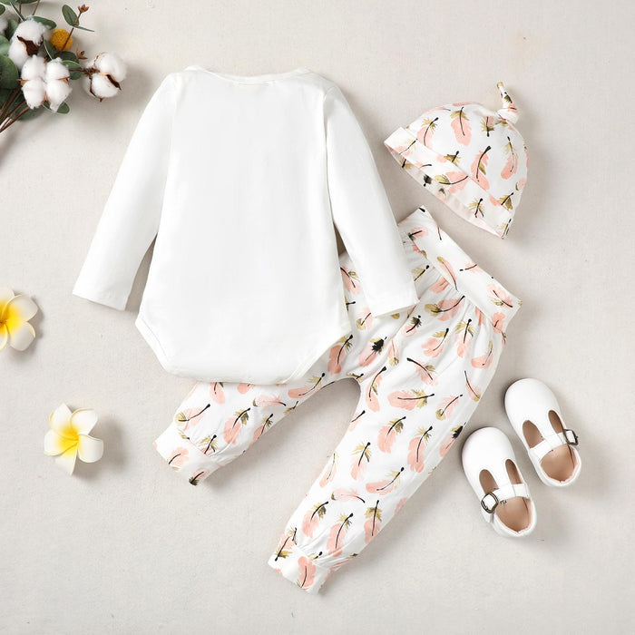 3-18M kid fashion girls Clothes Girl Long Sleeve Feather Bodysuit Pants Hat 3Pcs White Catpapa 191681