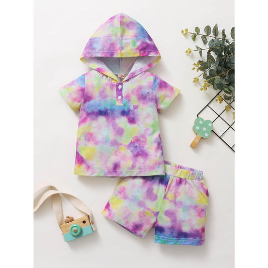 3-24M Kids Fashion Girl Clothes Shorts Outfits Tie-dyed Hooded Short Sleeve Shirt Top Shorts  Set Catpapa 22011261