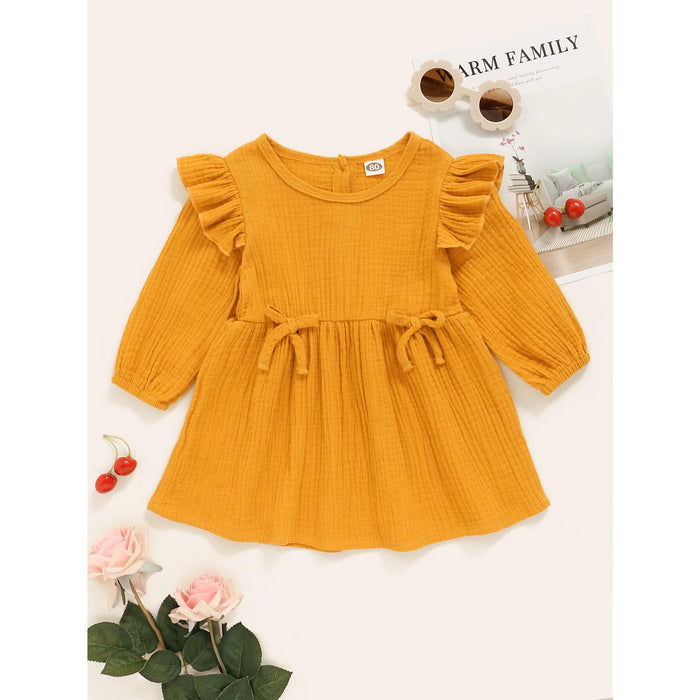 3-24M Newborn Baby Girl Dress Ruffle Long Sleeve Round Neckline Dress Casual Dress Yellow Catpapa WL20071137