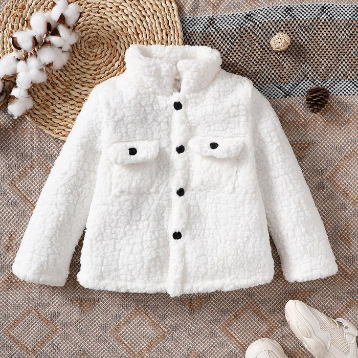 3-7Y Baby Girls Coat Turn-down Collar Winter Long Sleeve Fluffy One Piece Clothes White Catpapa  212206003