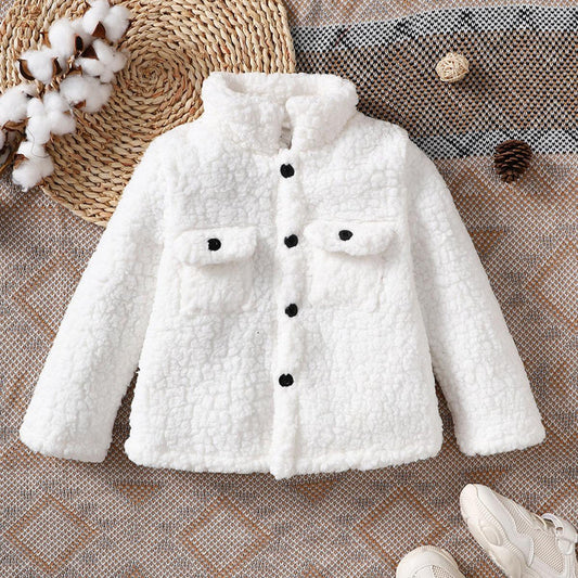 3-7Y Baby Girls Coat Turn-down Collar Winter Long Sleeve Fluffy One Piece Clothes White Catpapa  212206003