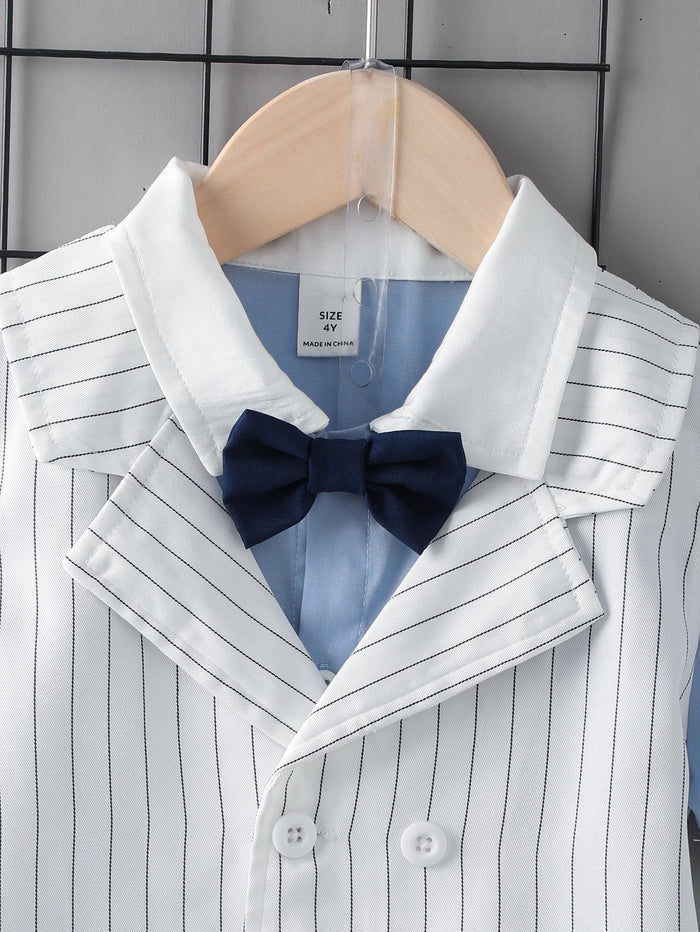 3-7Y Kids Fashion Boys Clothes Courtly Style Turn-down Shirts Stripe Vest Shorts 3Pcs Gentle Outfits Blue Catpapa 112211152