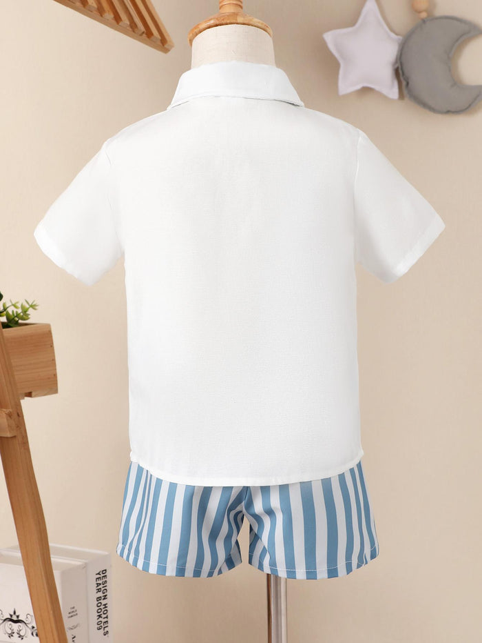 3-7Y Ready Stock Baby Boys Clothes Turn-down Collar Tops Elastic Stripe Shorts 2Pcs Gentle Outfits Blue Catpapa 212211005