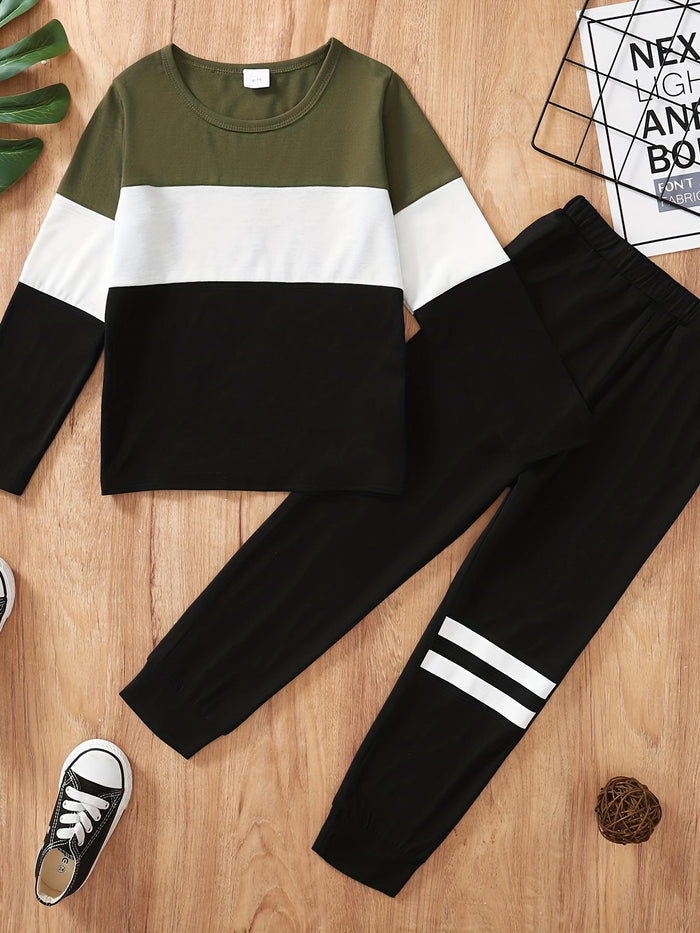 4-8Y Ready Stock  Kid Toddler Boys Outfits Pants Sets Color Block Long Sleeve Tops Elastic Pants 2Pcs Catpapa 22107639