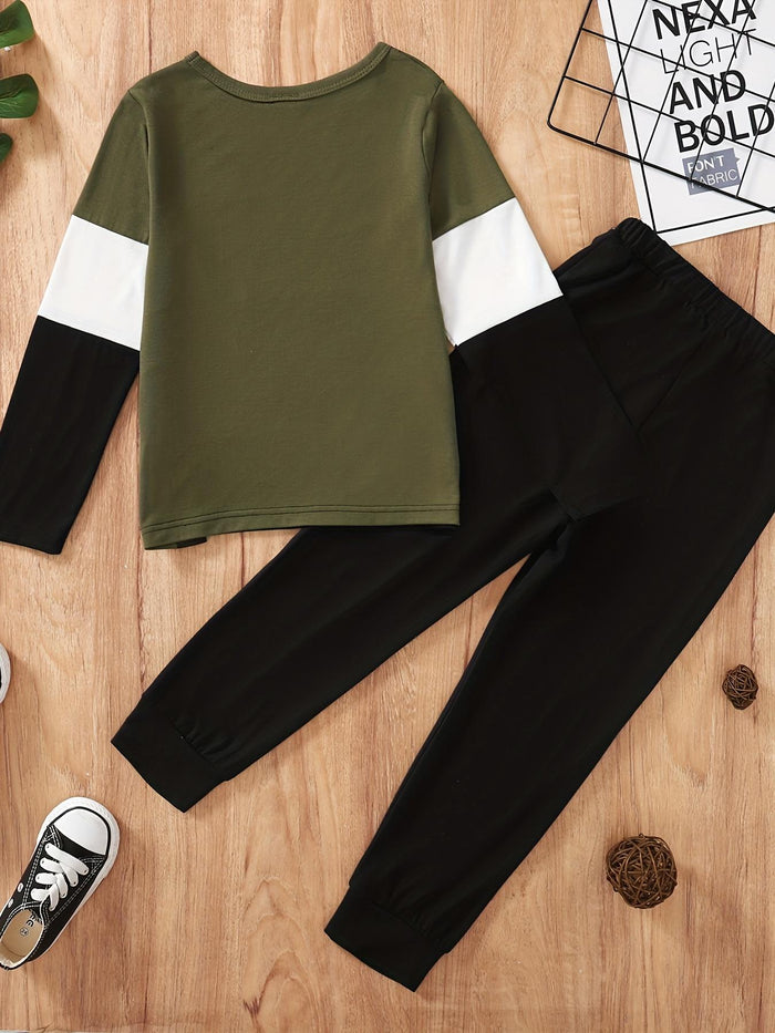 4-8Y Ready Stock  Kid Toddler Boys Outfits Pants Sets Color Block Long Sleeve Tops Elastic Pants 2Pcs Catpapa 22107639