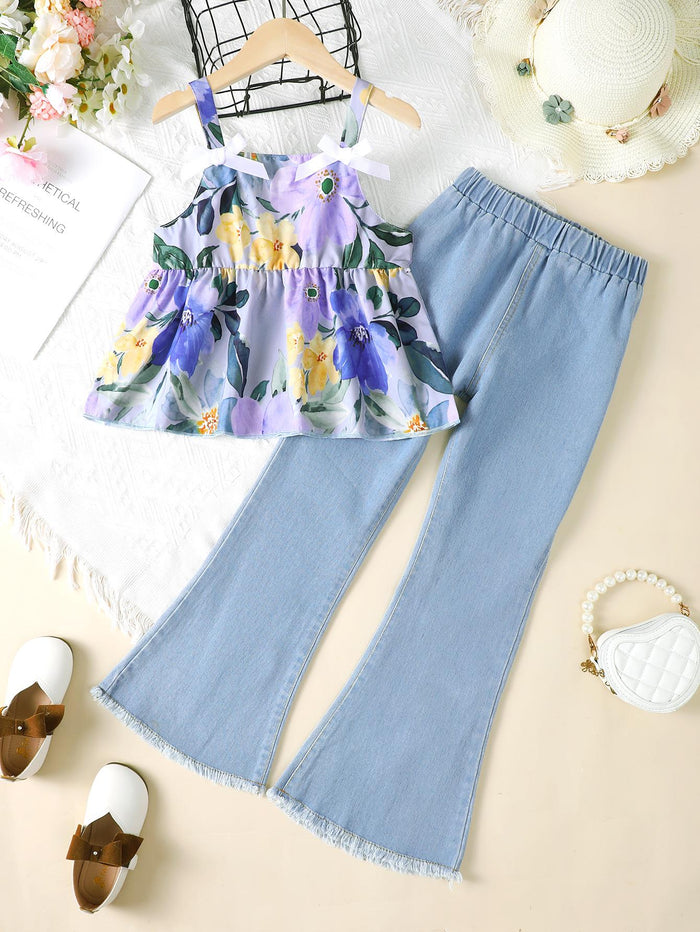 5-14Y Big Girls Clothes Floral Print Summer Straps Tops Washed Demin Pants 2Pcs Outfits Set Blue Catpapa 462302002