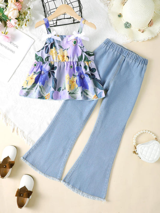 5-14Y Big Girls Clothes Floral Print Summer Straps Tops Washed Demin Pants 2Pcs Outfits Set Blue Catpapa 462302002