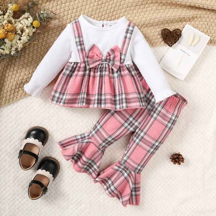 6M-3Y Baby girl pink plaid and white long-sleeved bell pants suit baby girl clothes Catpapa 112206601-4