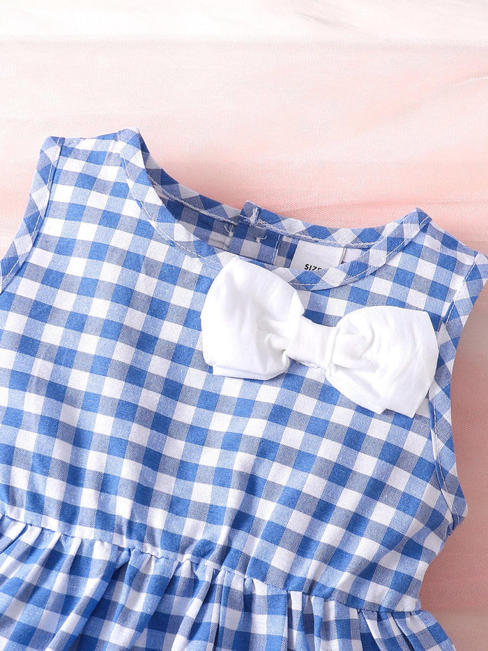 6M-3Y Kids Fashion Girls Clothes Sleeveless Plaid Bow Dress With Hat 2Pcs Blue Catpapa 112211042